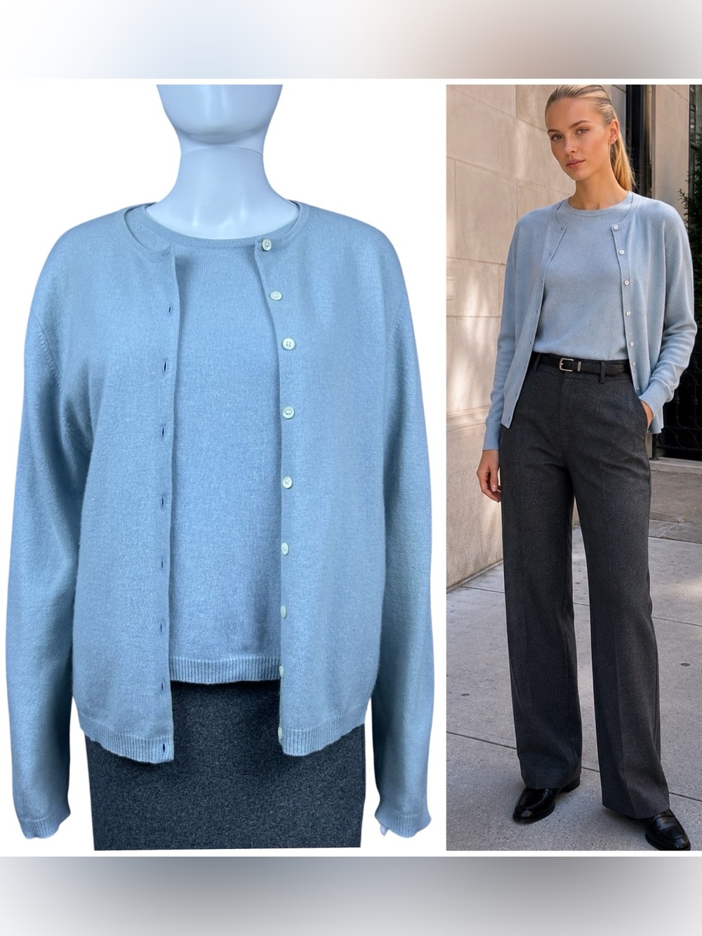 Vintage Lord & Taylor Cashmere Sweater Set XL Blue Cardigan Shell Top Old Money